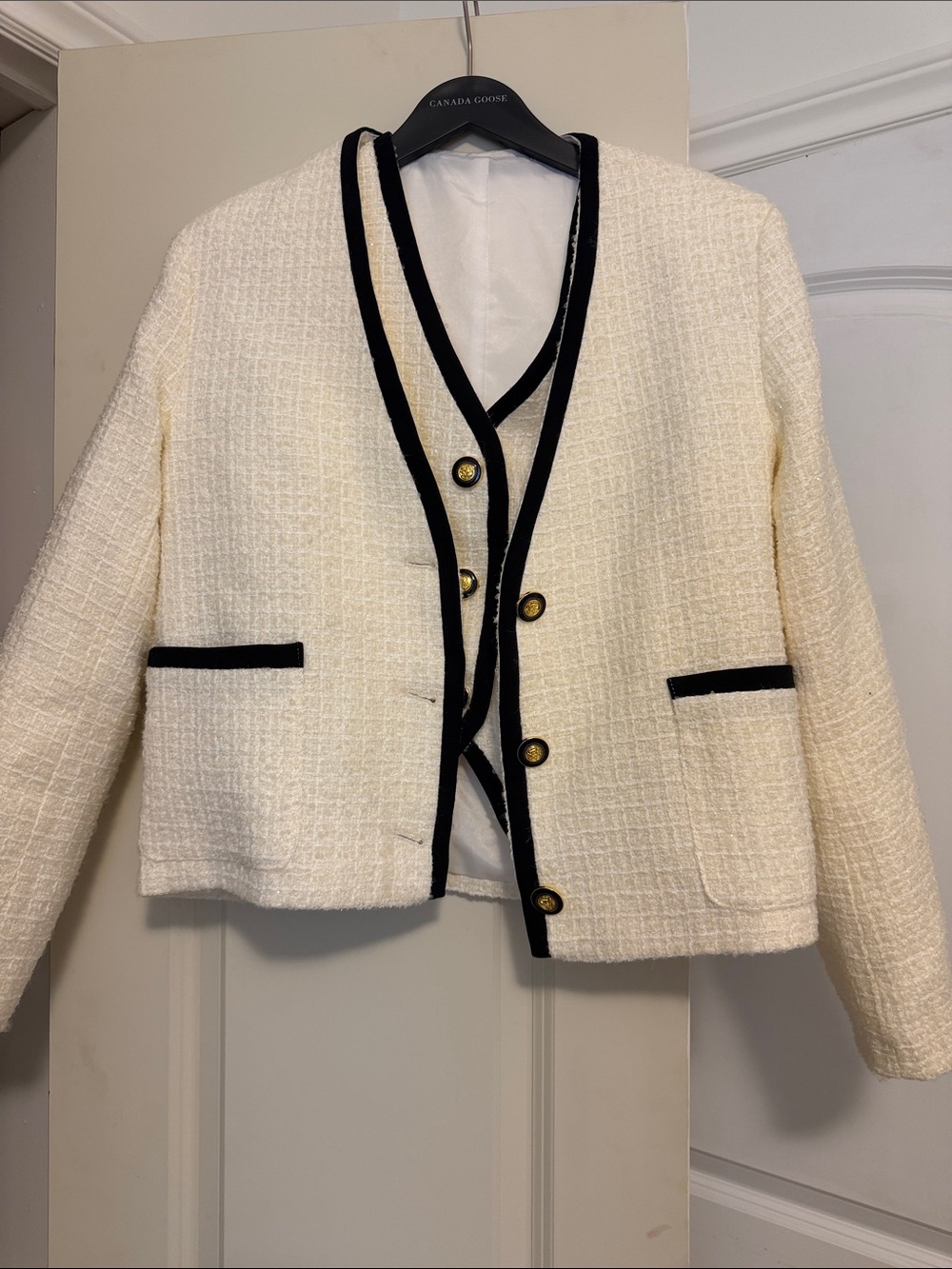 Chanel style Cream Bouclé Jacket with Black Trim - Elegant Women's Coat